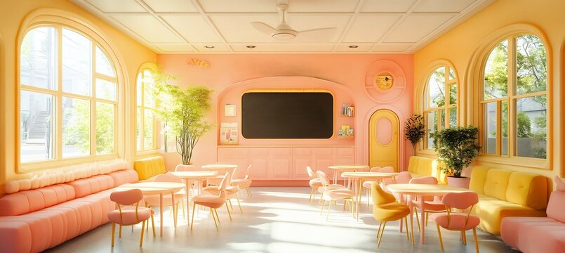 Whimsical pastelstyle classroom scene rounded soft forms desks windows and a chalkboard surrounded by playful symbols of learning like paper planes and books leaving room for creative text