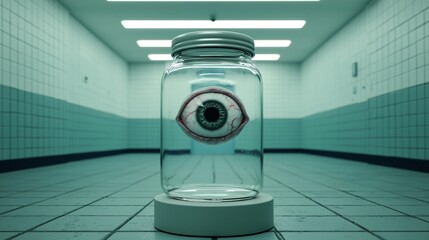 Eye in Glass Jar on Table in Sterile Lab Environment