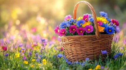 A mixture of spring flowers in vivid pink, red, purple, and yellow colors arranged in a decorative basket.