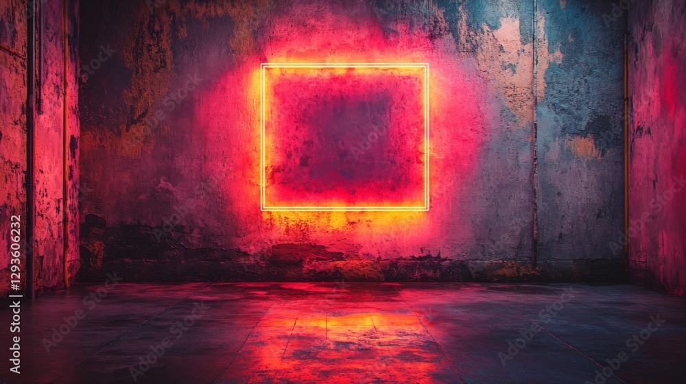 Poster neon square in an abandoned urban setting with a vibrant pink glow reflecting on the worn walls and 