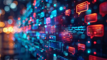 A dynamic array of colorful chat bubbles illuminate a digital backdrop while glowing data streams create a lively atmosphere in a modern technological setting during nighttime.