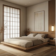 An elegant modern bedroom in a warm neutral toned space