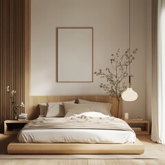 Minimalist Bedroom Featuring a Wooden Platform Bed With Details