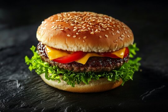 Ein saftiger Hamburger mit K&auml;se und Tomaten. Das Sesambr&ouml;tchen rundet den Geschmack ab.