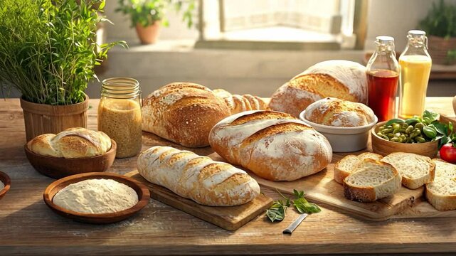 A Rustic Feast: A mouthwatering assortment of freshly baked bread and accompaniments artfully arranged on a wooden table, bathed in natural light.