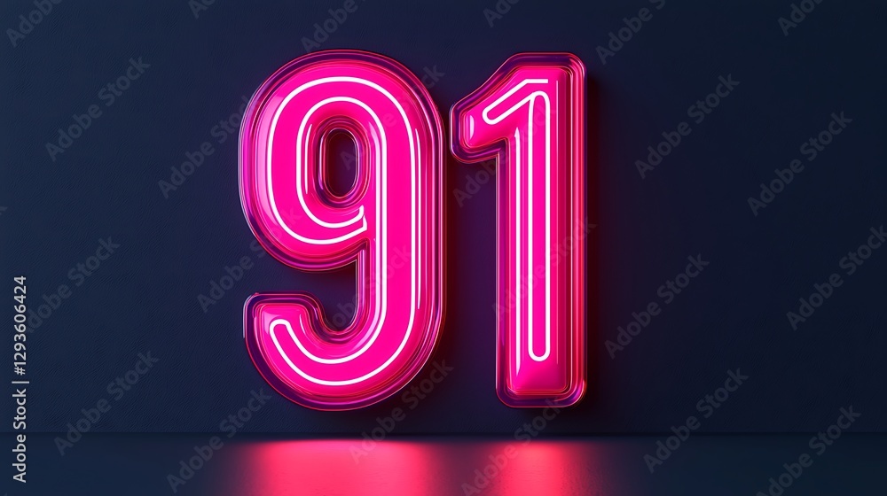 Poster a vibrant pink neon sign displaying the number 91 against a dark background, creating a striking vis