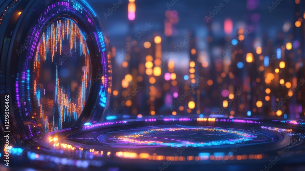 Poster futuristic cityscape displaying digital data interface