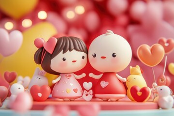 Delight in this vibrant scene featuring two cute cartoon characters celebrating love amidst colorful hearts and playful decorations, radiating joy and happiness.