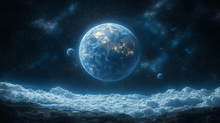 Fototapeta premium Earth like exoplanet rising over cloudy alien landscape at night