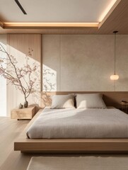 An attractive minimalist bedroom with neutral colors and natural materials