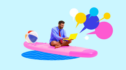 Man sitting cross-legged on pink surfboard floating on water, working on yellow laptop with colorful speech bubbles around. Concept of digital communication, networking, business, vacation, freelance