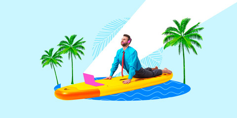 Fototapeta premium Man in business shirt and tie lying on surfboard floating on water, stretching in yoga pose, wearing headset, under palm trees. Concept of relaxation, work-life balance, stress-free remote work.