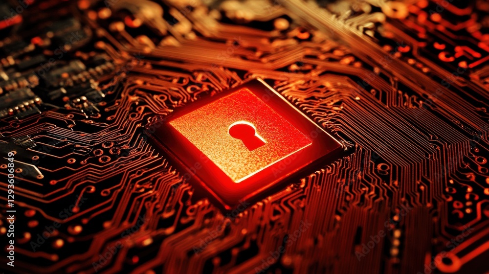 Poster illuminated keyhole on circuit board representing digital security