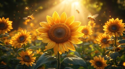 Sunflowers, bees, golden sunset field