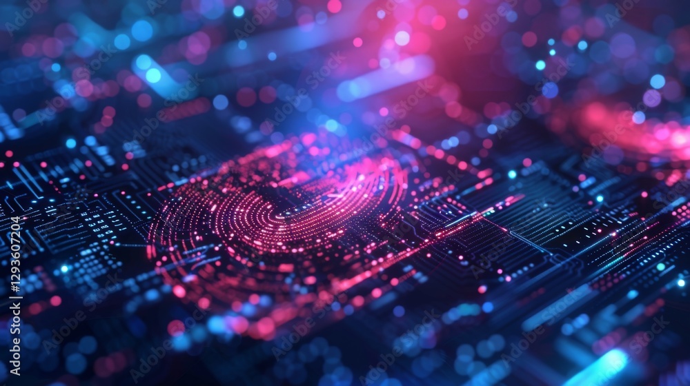 Poster Vivid abstract composition showcasing intricate digital circuits illuminated by glowing dots in shades of blue and pink, representing advanced technology and innovation.