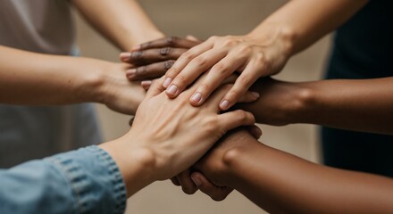 Diverse group of hands stacking together, symbolizing unity and collaboration, teamwork concept
