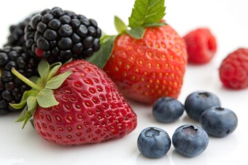 Fresh assorted berries still life with strawberries blackberries blueberries and raspberries on white background

