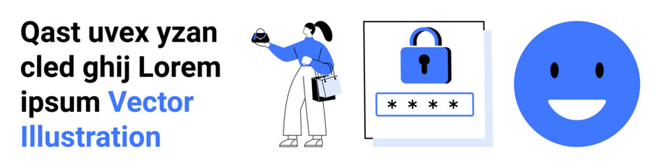 Fototapeta premium Woman interacts with digital tools, password security symbol, and smiling face. Ideal for cybersecurity, technology, data protection, user interface, digital safety, app design flat landing page
