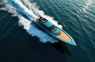 Fototapeta premium Aerial view of luxury turquoise speedboat sailing on the dark blue sea. Motorboat cruises leaving white foamy wave trace. People travel by yacht in summer on ocean, enjoy power and wealth.