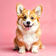 A corgi dog with white fur, sitting and smiling with its tongue out, in a pink background