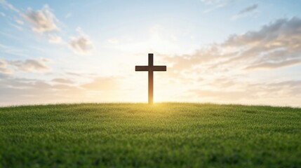 Cross on Green Hill Against Sunset Sky with Dramatic Clouds
