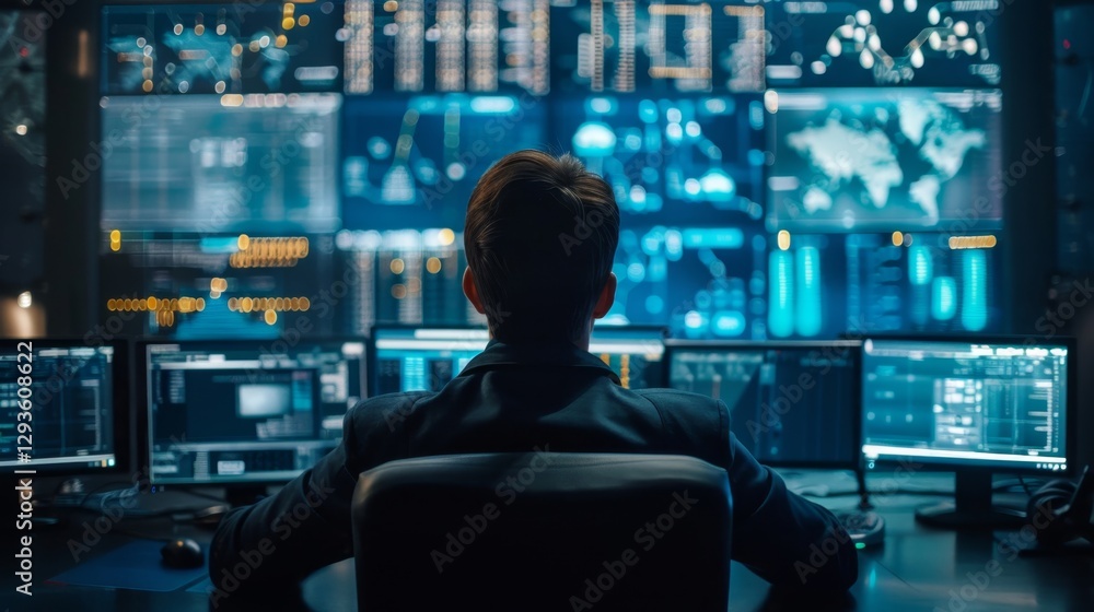 Poster professional in a suit analyzes data on multiple computer screen