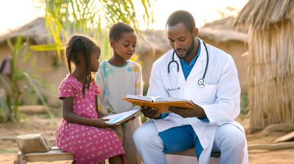 A community doctor sits outdoors in a rural village, reading a health book to two curious children as the sun sets, highlighting the importance of health education in underprivileged areas.