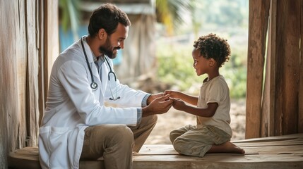 A healthcare professional is sitting on a wooden platform, engaging warmly with a young boy in a rural environment. The doctor smiles while the child looks delighted, creating a bond.