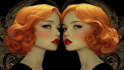 Illustration of two witches in black hat in art deco style, card. AI generative