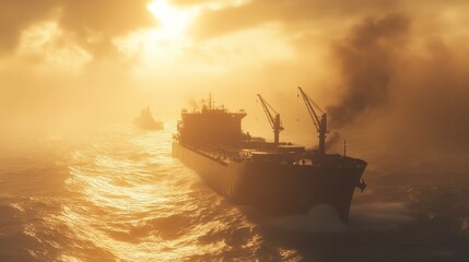 Majestic Sunset Silhouette of Cargo Ships at Sea