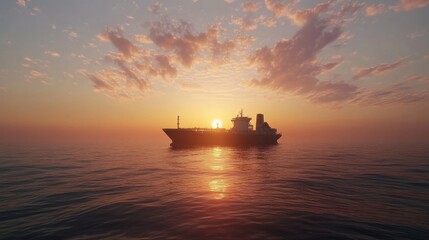 Fototapeta premium Majestic Sunset Over the Ocean with a Cargo Ship