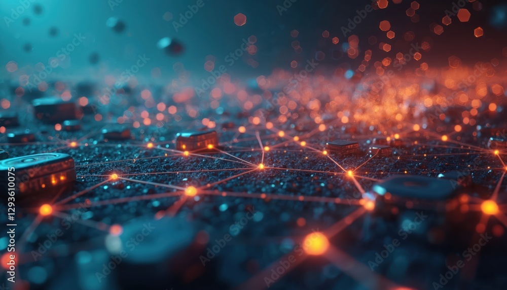 Poster quantum entanglement abstract illustration. floating qubits connected by glowing orange lines form w