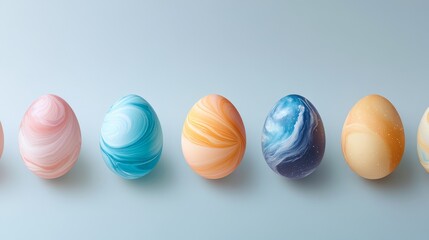 Obraz premium Colorful Swirled Decorative Eggs Arranged on a Soft Background