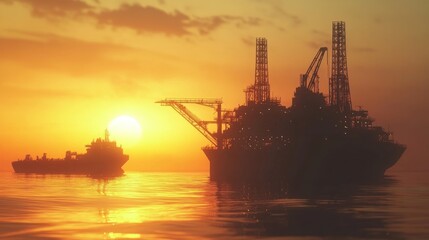 Obraz premium Offshore Oil Rig at Sunset: A Majestic Silhouette