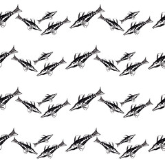 Seamless pattern of black fish in graphic style on a white background