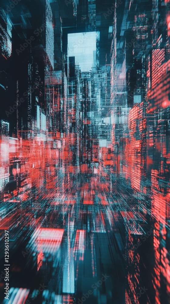 Poster Abstract digital cityscape in red and teal, futuristic urban texture with data streams. Virtual reality and digital technology concept