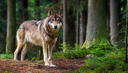 Fototapeta premium Grey Wolf Roaming Through Dense Forest at Twilight, Majestic Creature Caught in a Moment of Quiet Serenity and Mystery