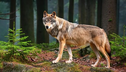 Naklejka premium Grey Wolf in the Enchanting Forest Dusk, Majestic Creature Roaming through Autumnal Landscape, Framed by Shadows and Misty Meadows
