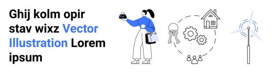 Woman holding a data element, linked symbols of housing, wind energy, gears, and teamwork. Ideal for analytics, technology, renewable energy, smart living innovation teamwork flat landing page