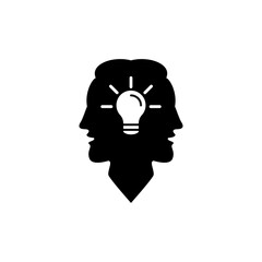 Silhouette of the head and faces of two men together with light bulb icon. Vector illustration.