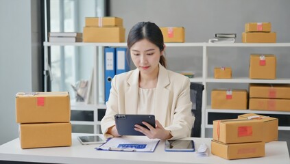 Woman managing online orders in home office