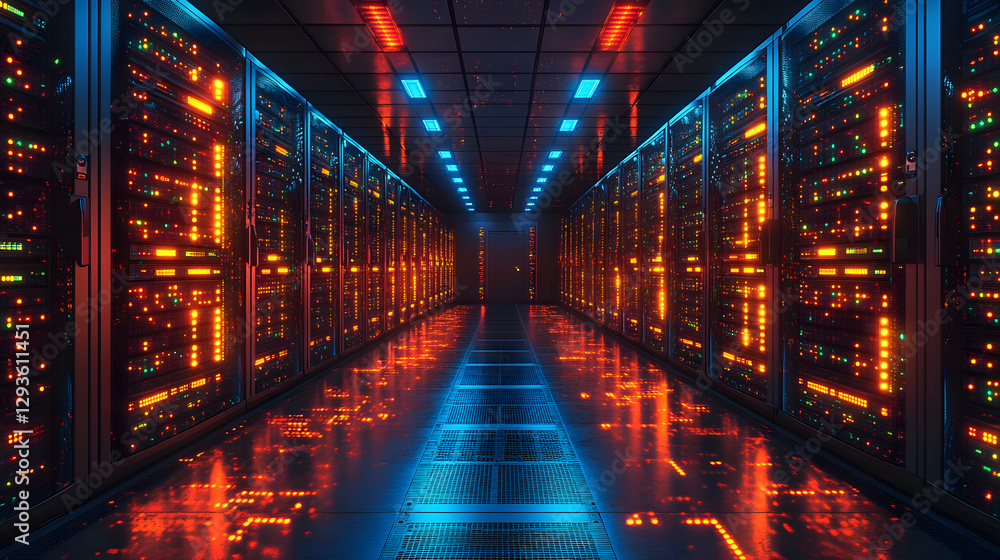 Poster data center corridor: a mesmerizing view down a long corridor of brightly lit server racks, showcasi