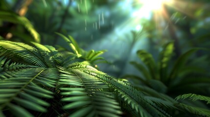 Obraz premium Lush Rainforest Drenched in Sunlight With Enchanting Mist and Vibrant Greenery