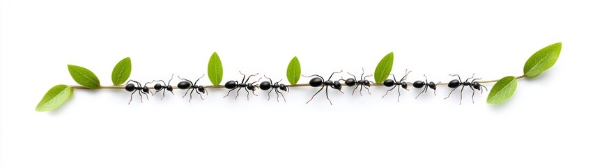 Line of Ants Crawling on a Green Stem with Small Leaves