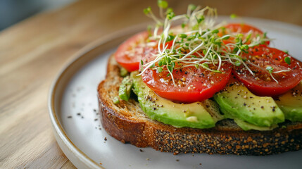  avocado toast with sliced tomatoes and microgreens eat red food meal diet lunch snack tasty