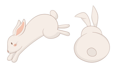 Jumping and back-view bunny icon. One rabbit in mid-leap, the other shown from behind with long ears. Minimalist animal illustration symbolizing movement and calmness