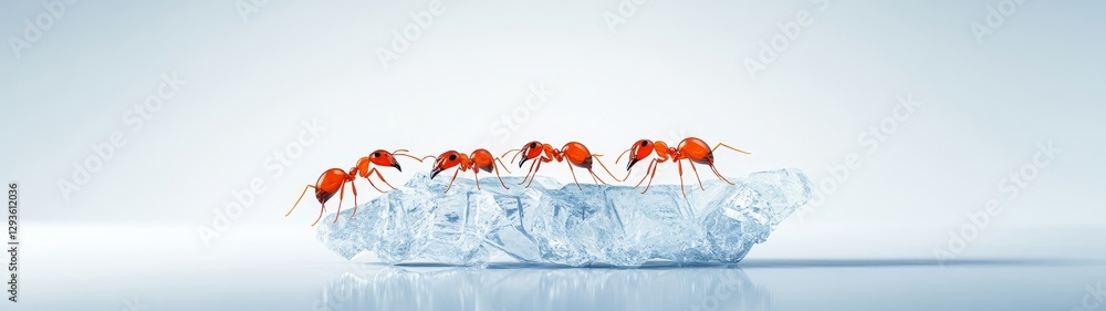 Aufkleber red ants walking on a piece of clear ice with soft background