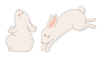 Sitting and jumping bunny icon. One rabbit sits calmly while the other is mid-leap. Cartoon-style illustration capturing a mix of stillness and action