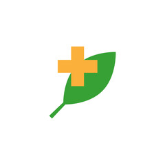 Fototapeta premium Green leaf and blue medical cross. Color isolated vector icon.