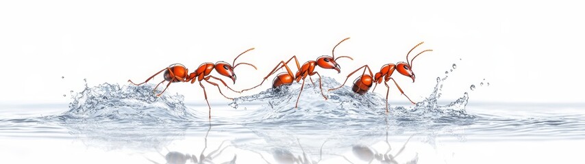 Ants Marching Across Water Surface with Splashes from Movement